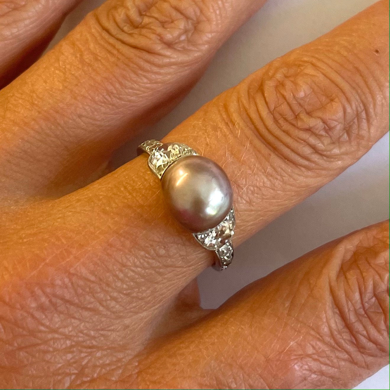 Edwardian Platinum Natural Pearl & Diamond Ring on finger