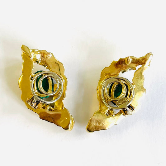 Chaumet French 1960s 18KT Yellow Gold Malachite & Diamond Earrings back