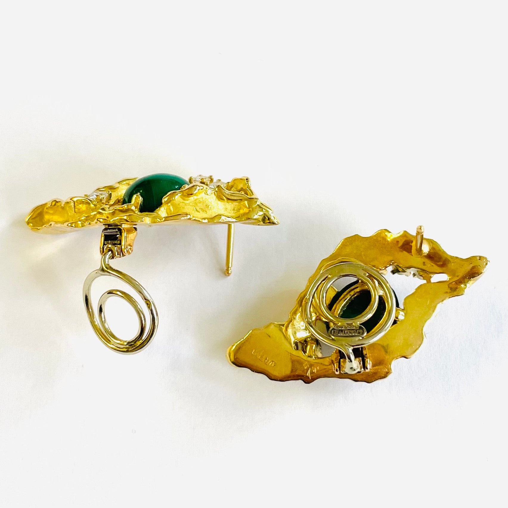 Chaumet French 1960s 18KT Yellow Gold Malachite & Diamond Earrings back and side