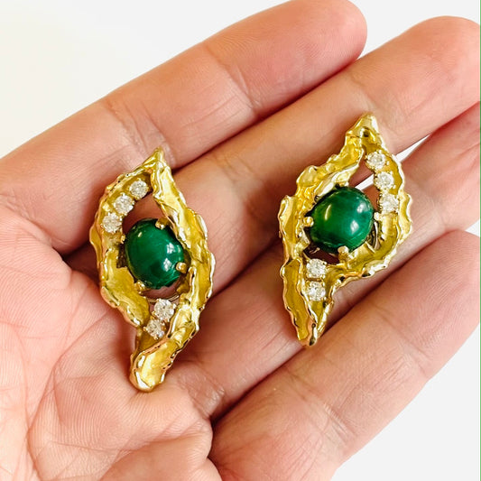 Chaumet French 1960s 18KT Yellow Gold Malachite & Diamond Earrings in hand