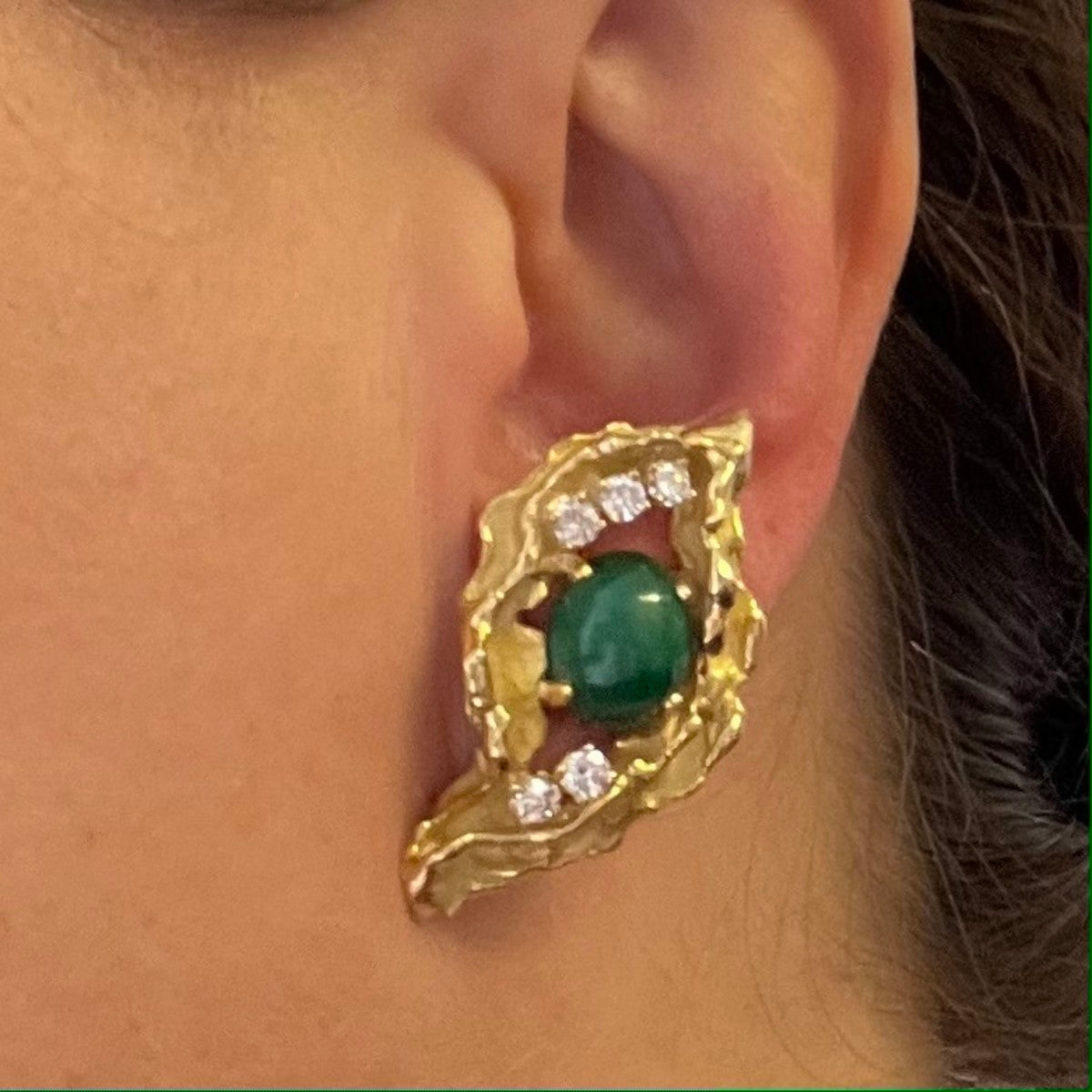 Chaumet French 1960s 18KT Yellow Gold Malachite & Diamond Earrings on ear