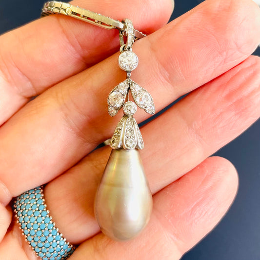 Cartier Art Nouveau Platinum Diamond & Natural Pearl Necklace close-up of pearl pendant