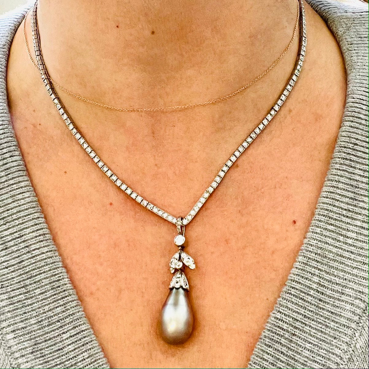 Cartier Art Nouveau Platinum Diamond & Natural Pearl Necklace worn on neck