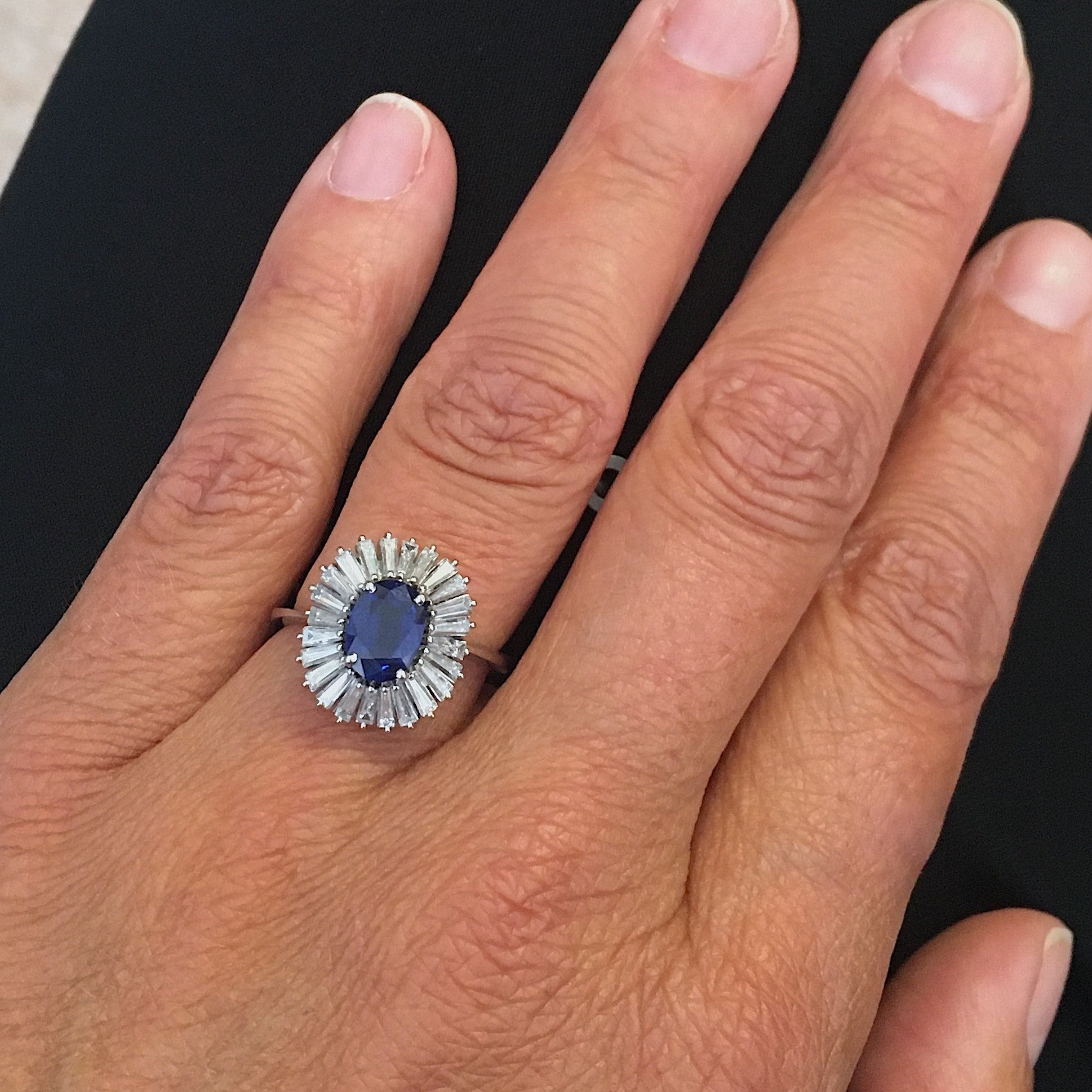 1960s 18KT White Gold Unheated Sapphire & Diamond Ring on finger