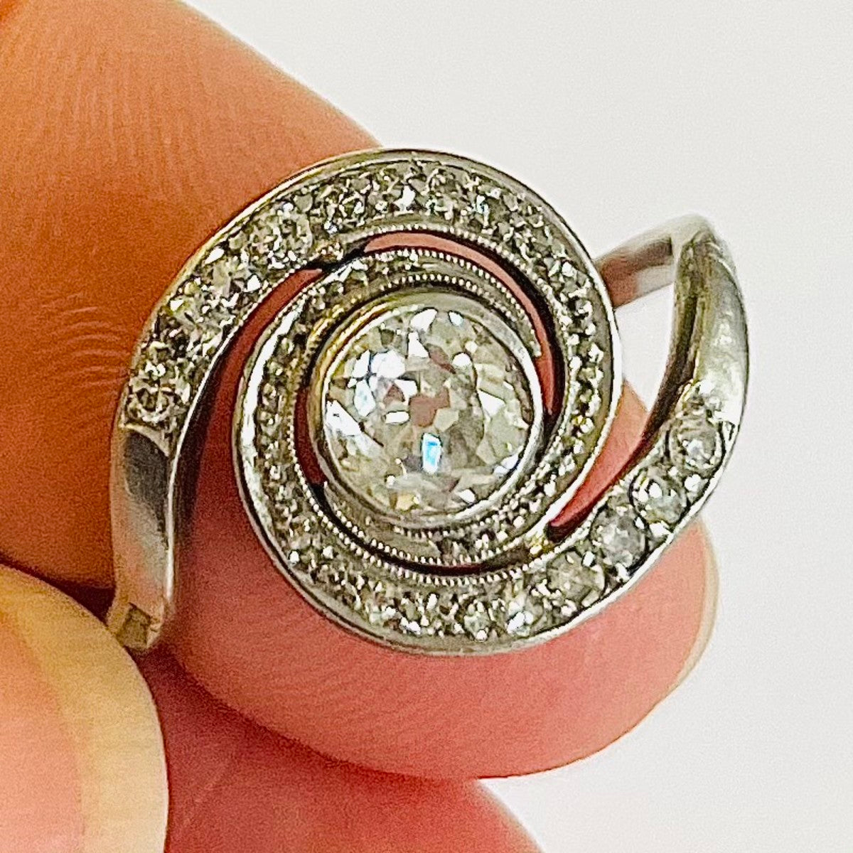 1940s 14KT White Gold Diamond Ring in hand