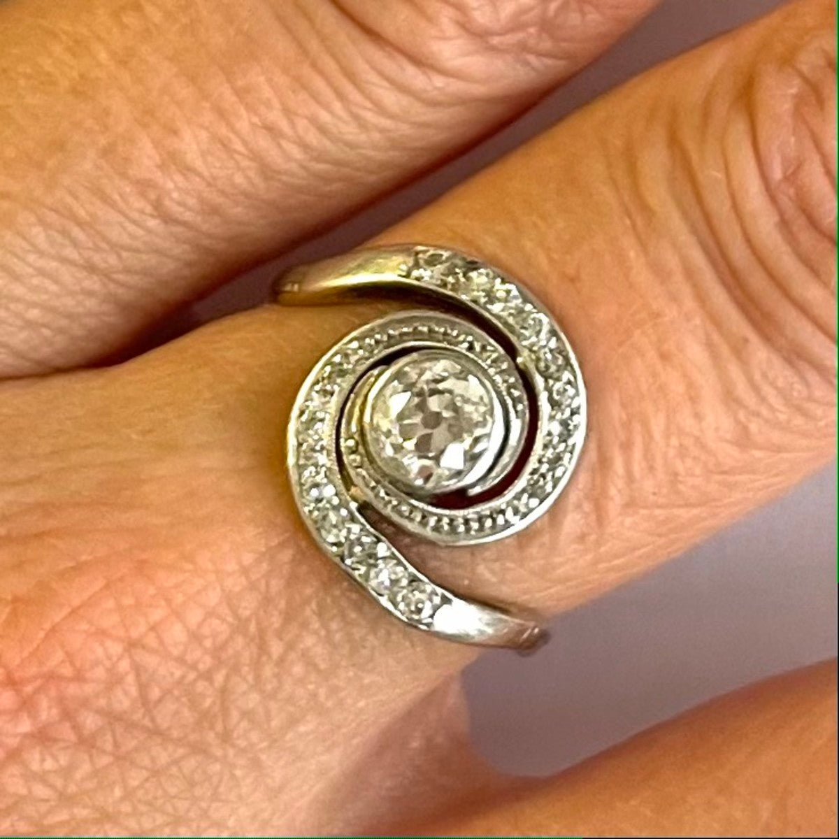1940s 14KT White Gold Diamond Ring on finger