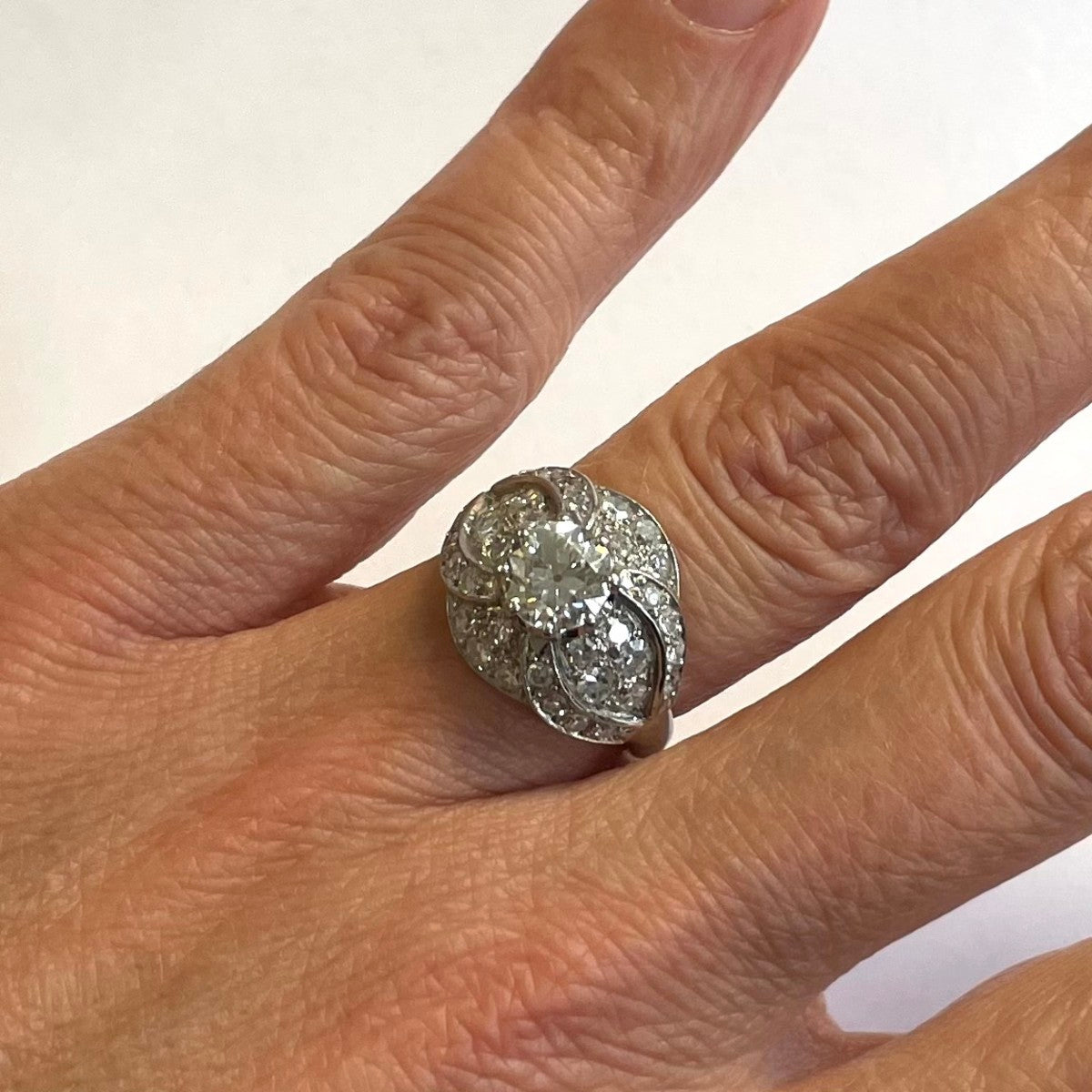 Edwardian Platinum Diamond Ring on finger