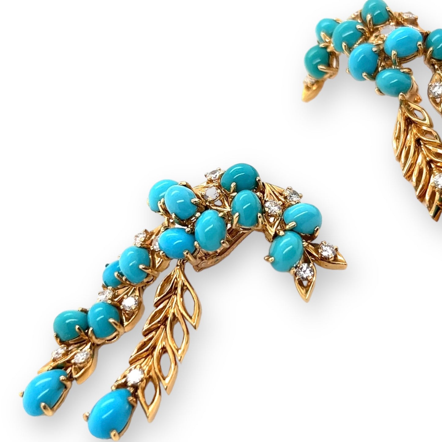 Cartier Paris 1950s 18KT Yellow Gold Turquoise & Diamond Earrings close-up