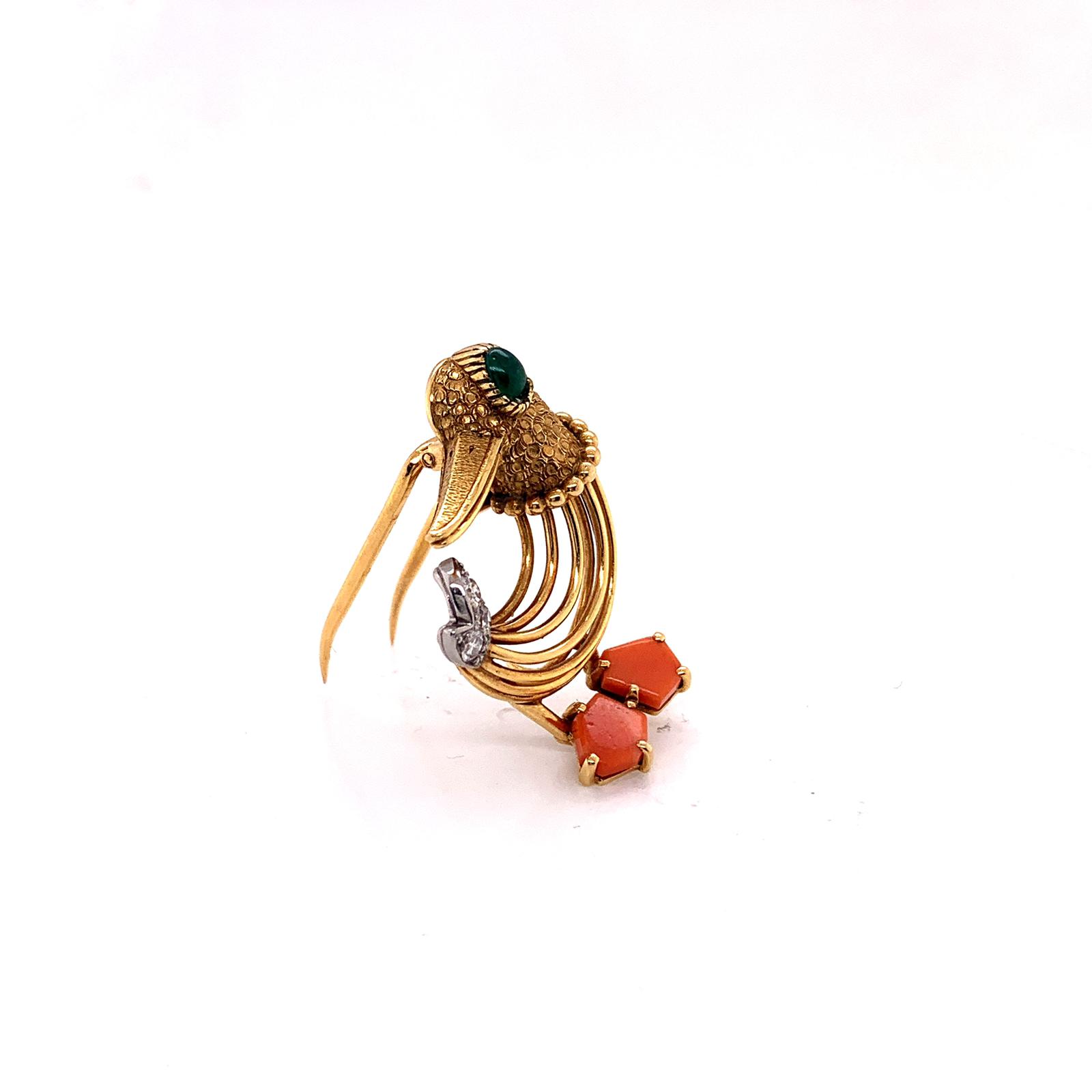 Cartier French 1960s 18KT Yellow Gold Coral & Diamond Duck Brooch side