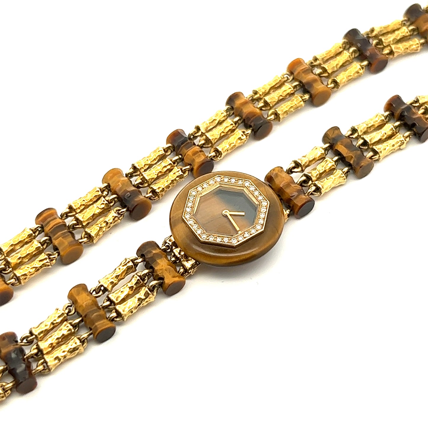 Boucheron Paris 1950s 18KT Yellow Gold Tiger's Eye & Diamond Bracelet Watch front