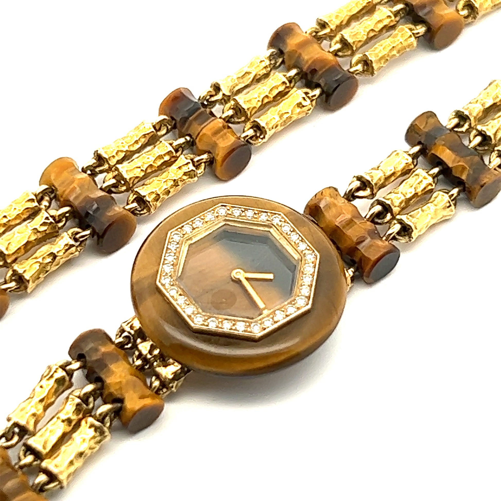 Boucheron Paris 1950s 18KT Yellow Gold Tiger's Eye & Diamond Bracelet Watch close-up front