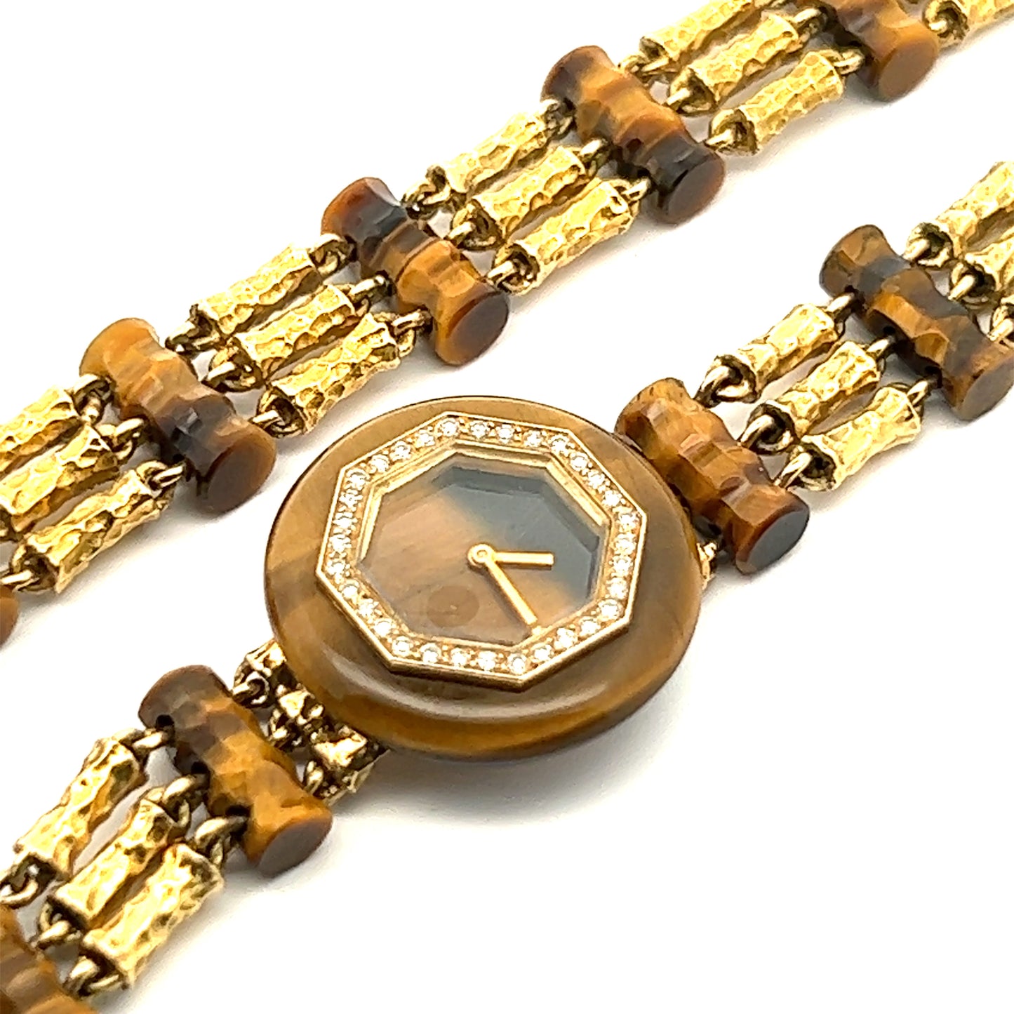 Boucheron Paris 1950s 18KT Yellow Gold Tiger's Eye & Diamond Bracelet Watch close-up front