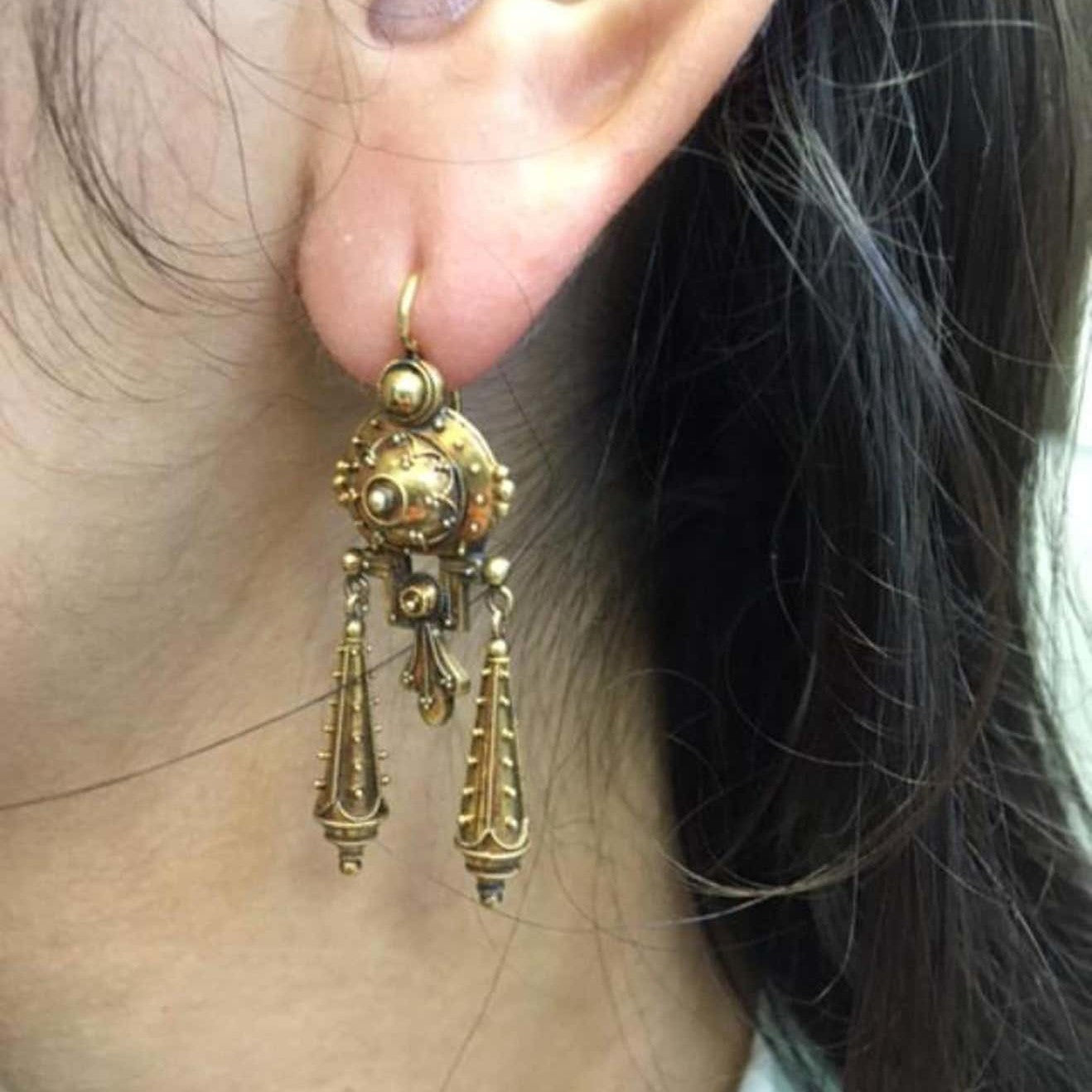 French Victorian Etruscan Revival 18KT Yellow Gold Earrings on ear
