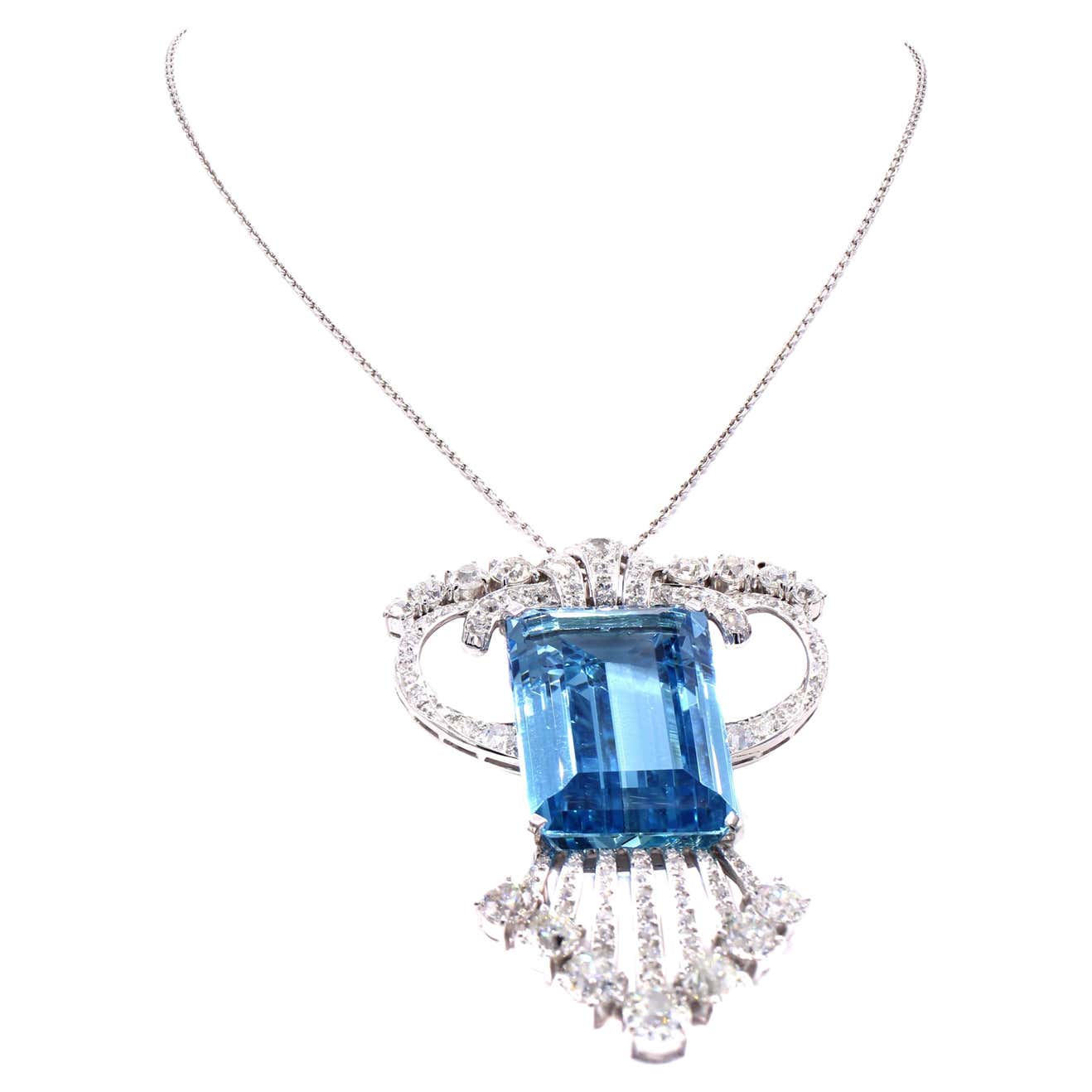 Art Deco Platinum Aquamarine Brooch Necklace front