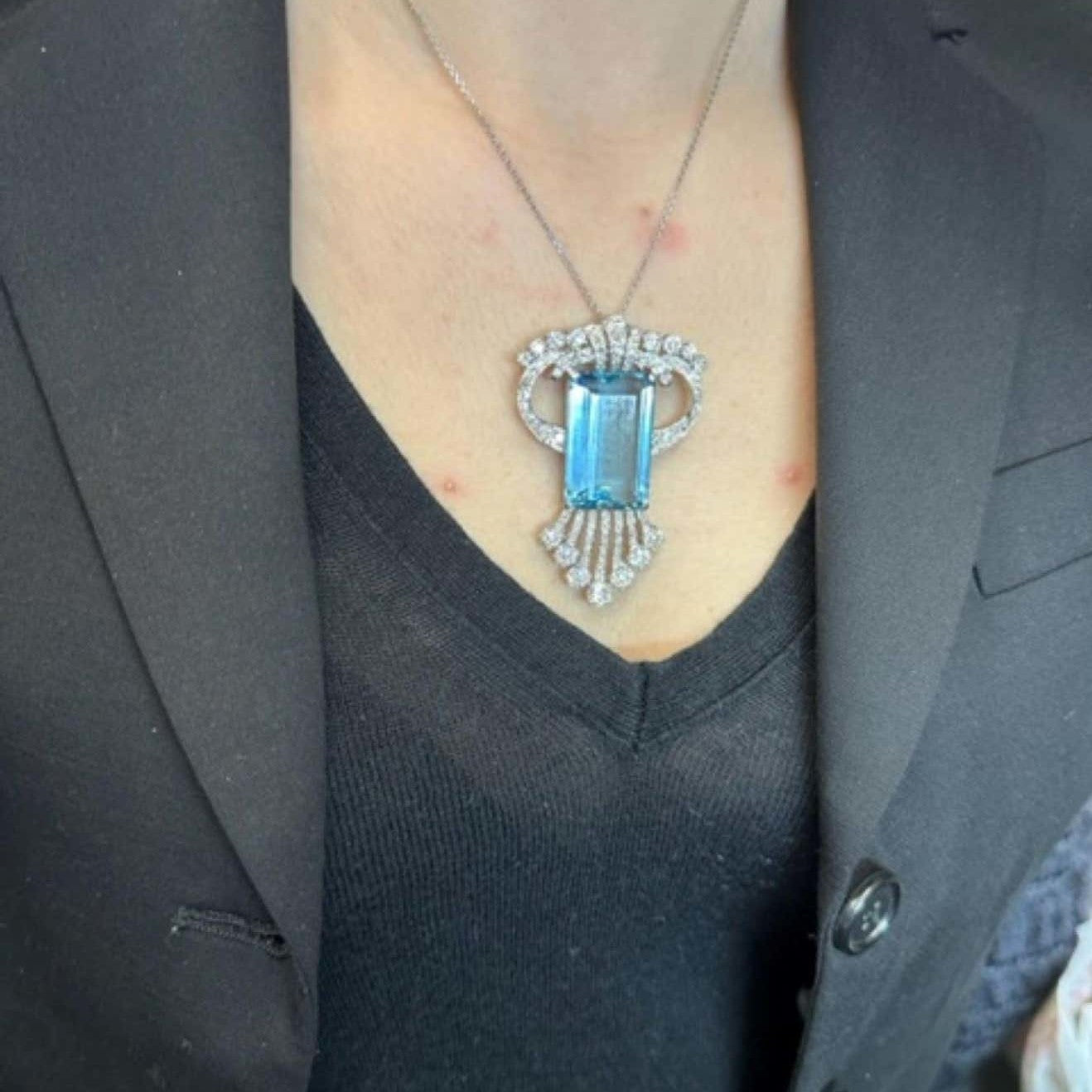 Art Deco Platinum Aquamarine Brooch Necklace worn on neck