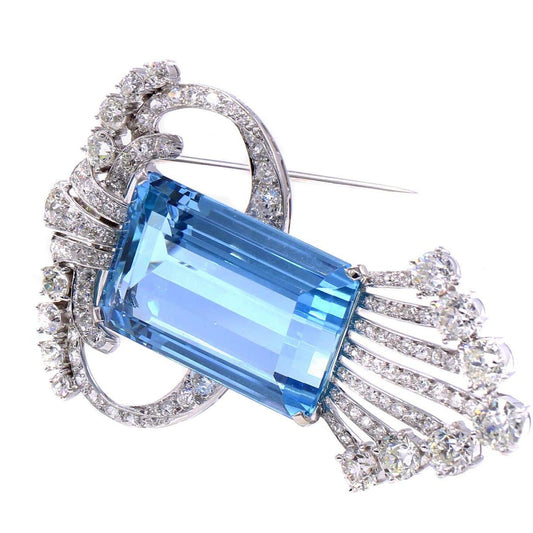 Art Deco Platinum Aquamarine Brooch Necklace front as brooch