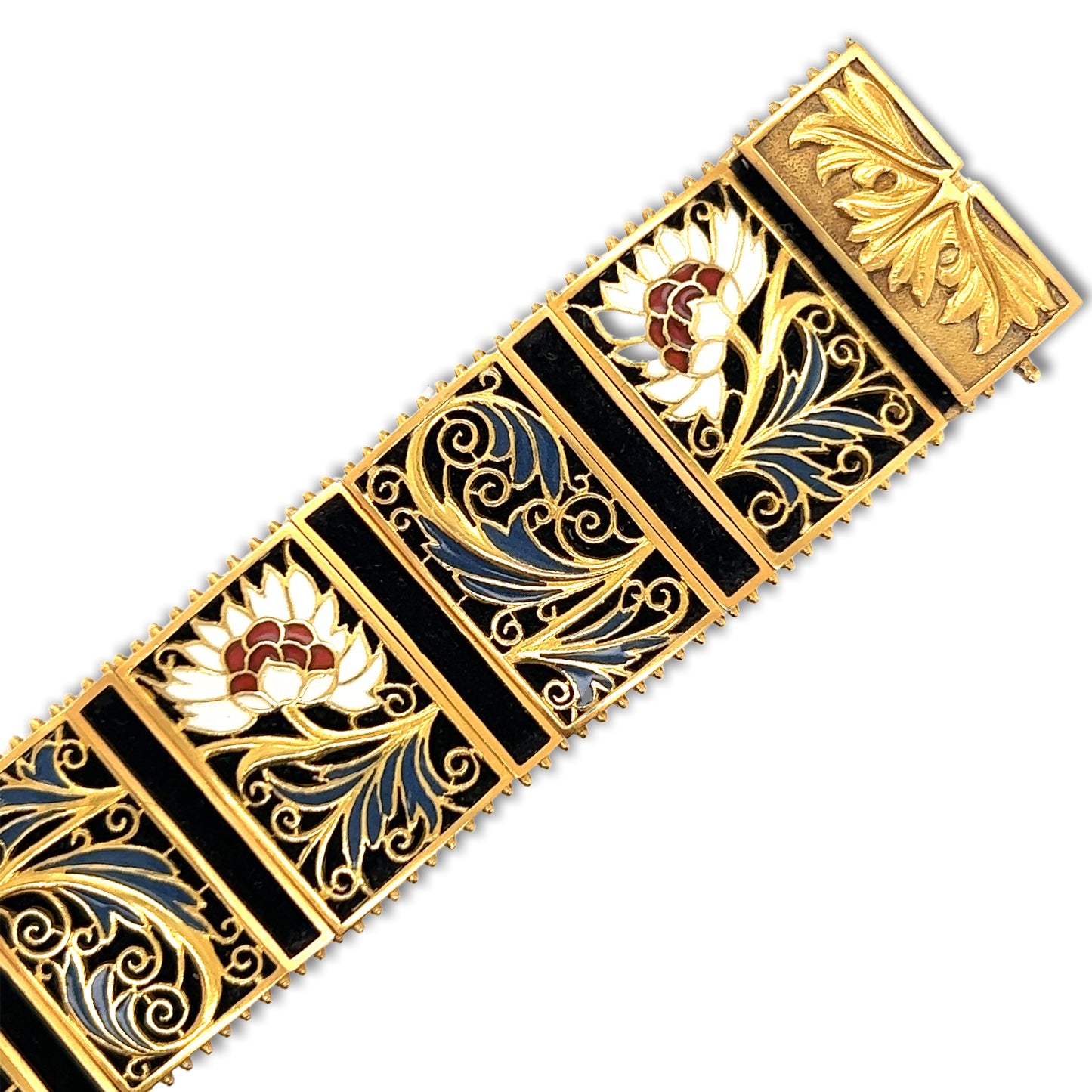 Masriera Art Nouveau 18KT Yellow Gold Enamel Plique-a-jour Bracelet close-up details