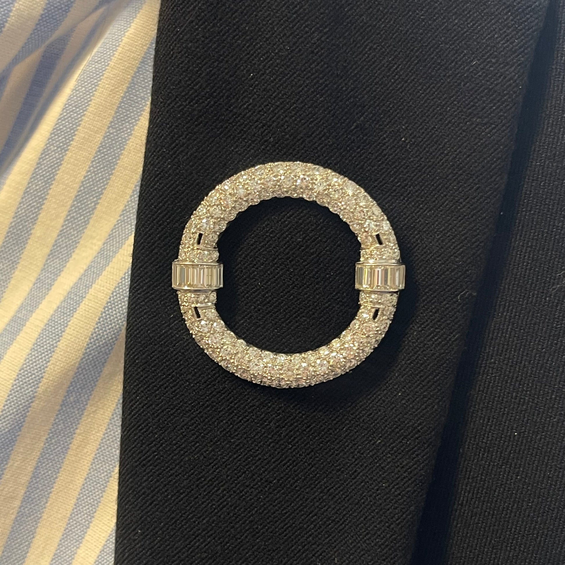 Art Deco Platinum Diamond Circle Brooch worn on lapel