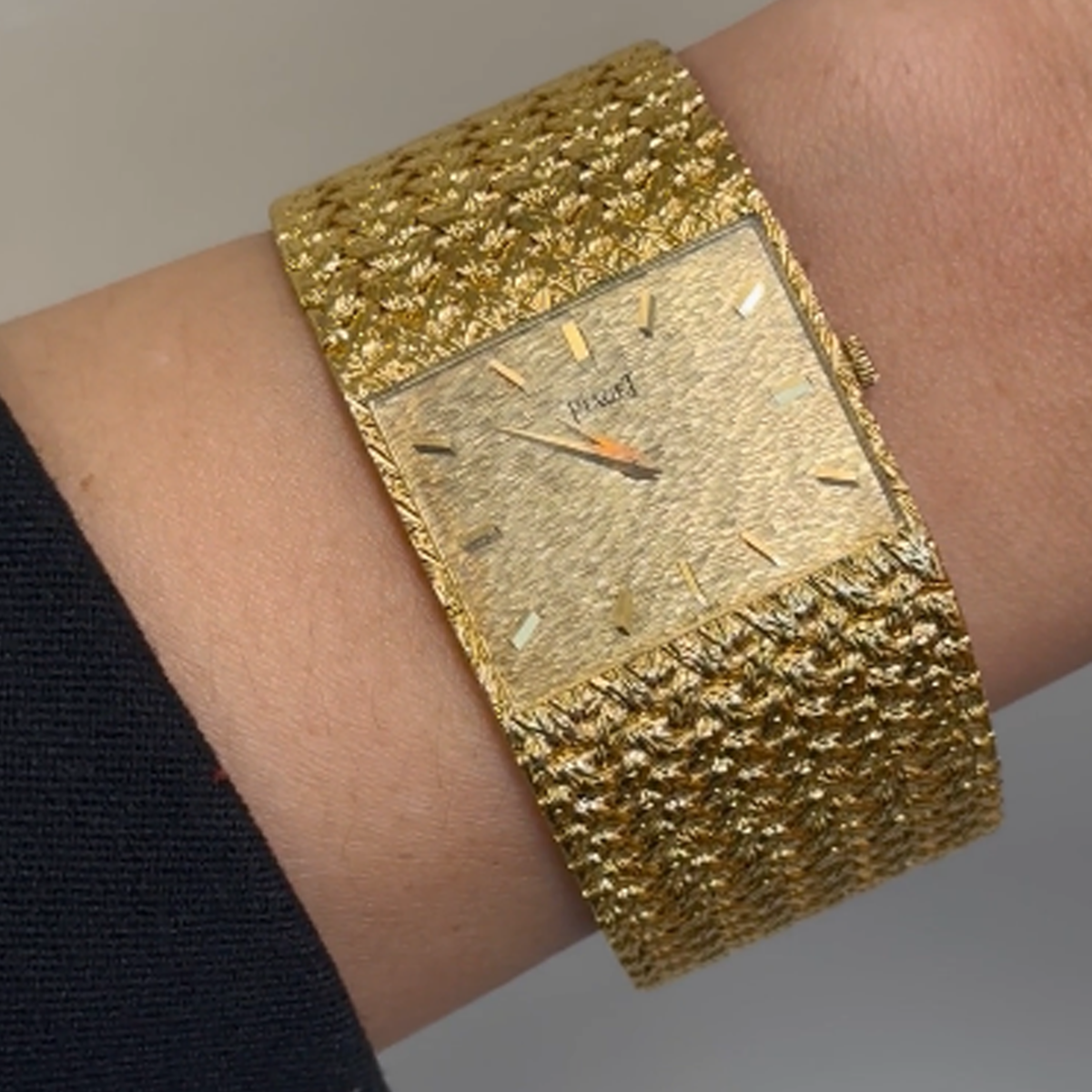 Piaget 1980s 18KT Yellow Gold Watch Bracelet close-up on wrist