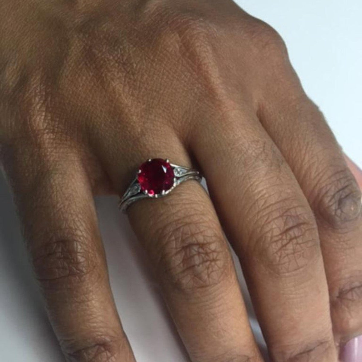 Art Deco Platinum Ruby & Diamond Ring worn on hand