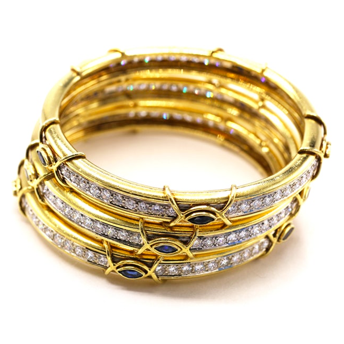 Boris Lebeau 1980s 18KT Yellow Gold Diamond & Sapphire Bangle Bracelets front