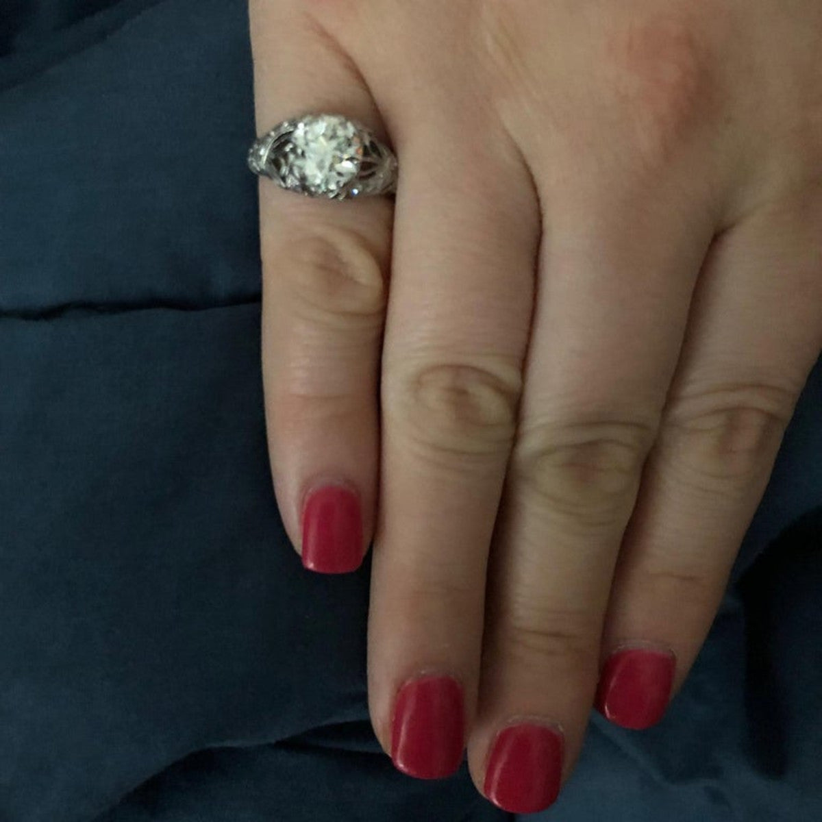 Art Deco Platinum Diamond Ring worn on finger