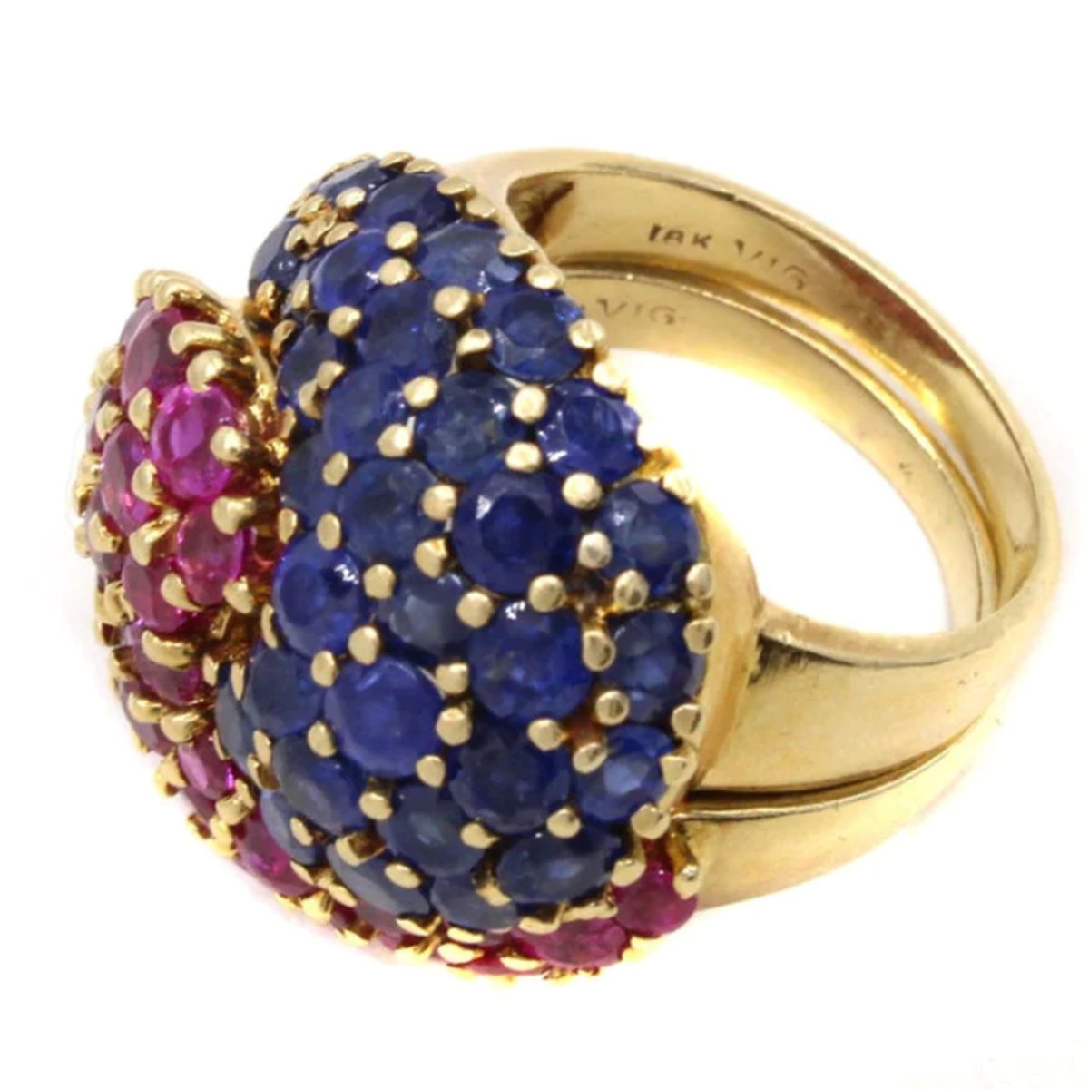 JE Caldwell Retro 18KT Yellow Gold Ruby & Sapphire Puzzle Ring top and side