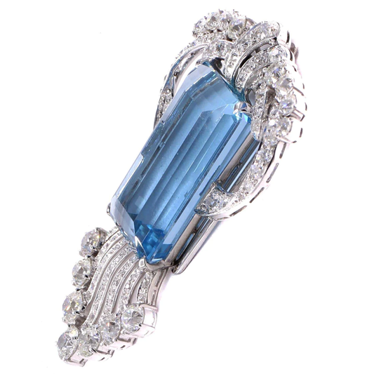 Art Deco Platinum Aquamarine Brooch Necklace close-up side