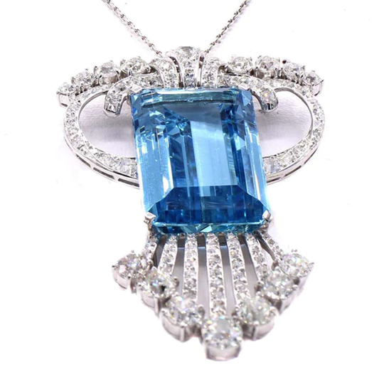 Art Deco Platinum Aquamarine Brooch Necklace front close-up