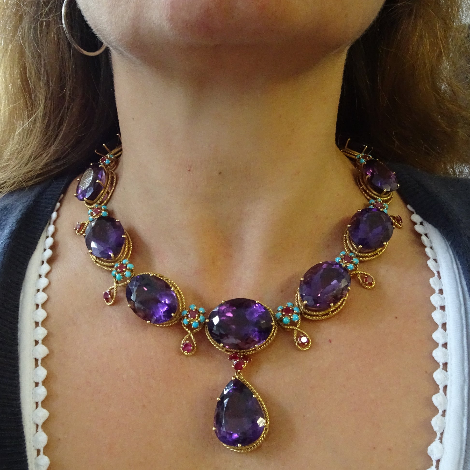 1960s 18KT Yellow Gold Amethyst, Ruby & Turquoise Necklace worn on neck