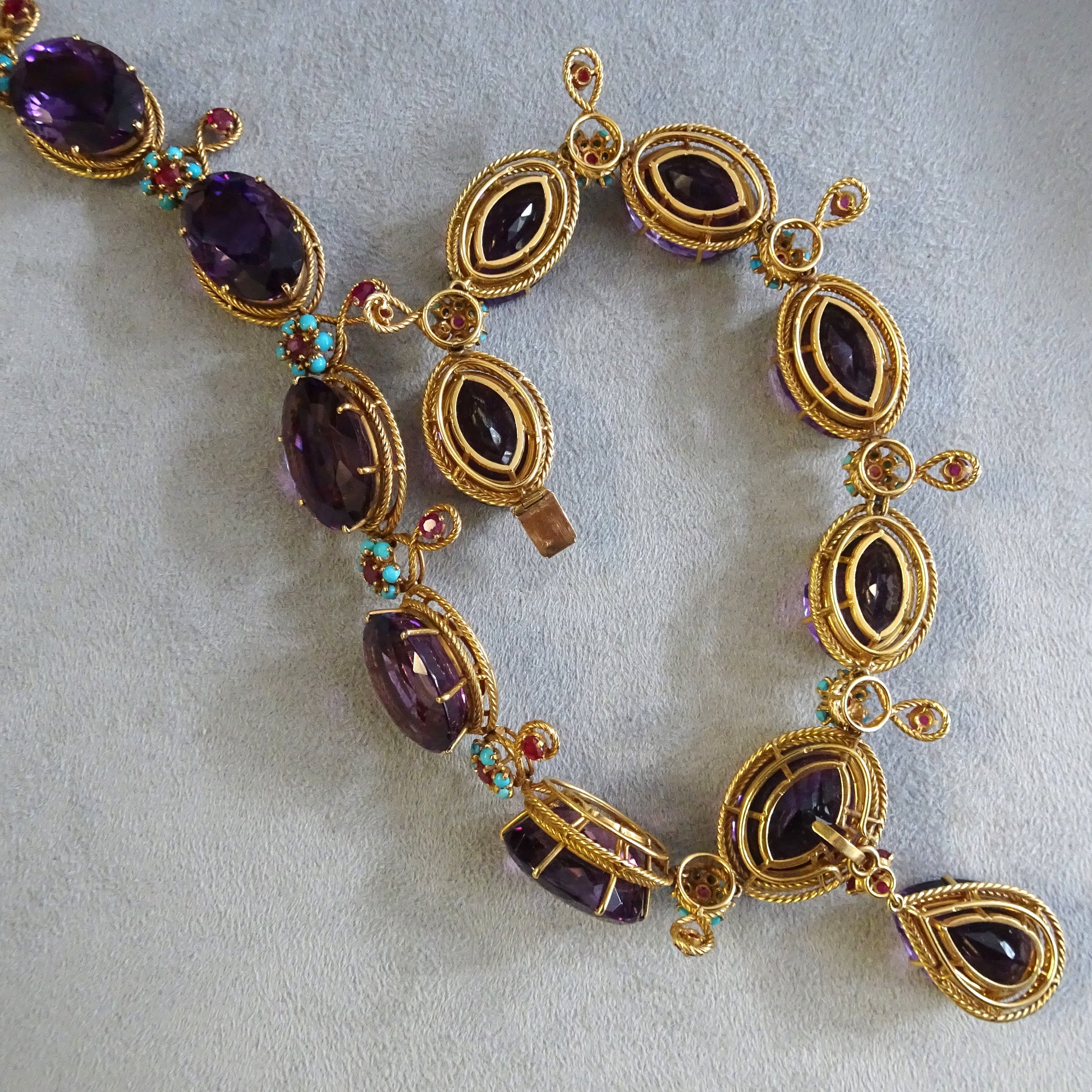 1960s 18KT Yellow Gold Amethyst, Ruby & Turquoise Necklace side