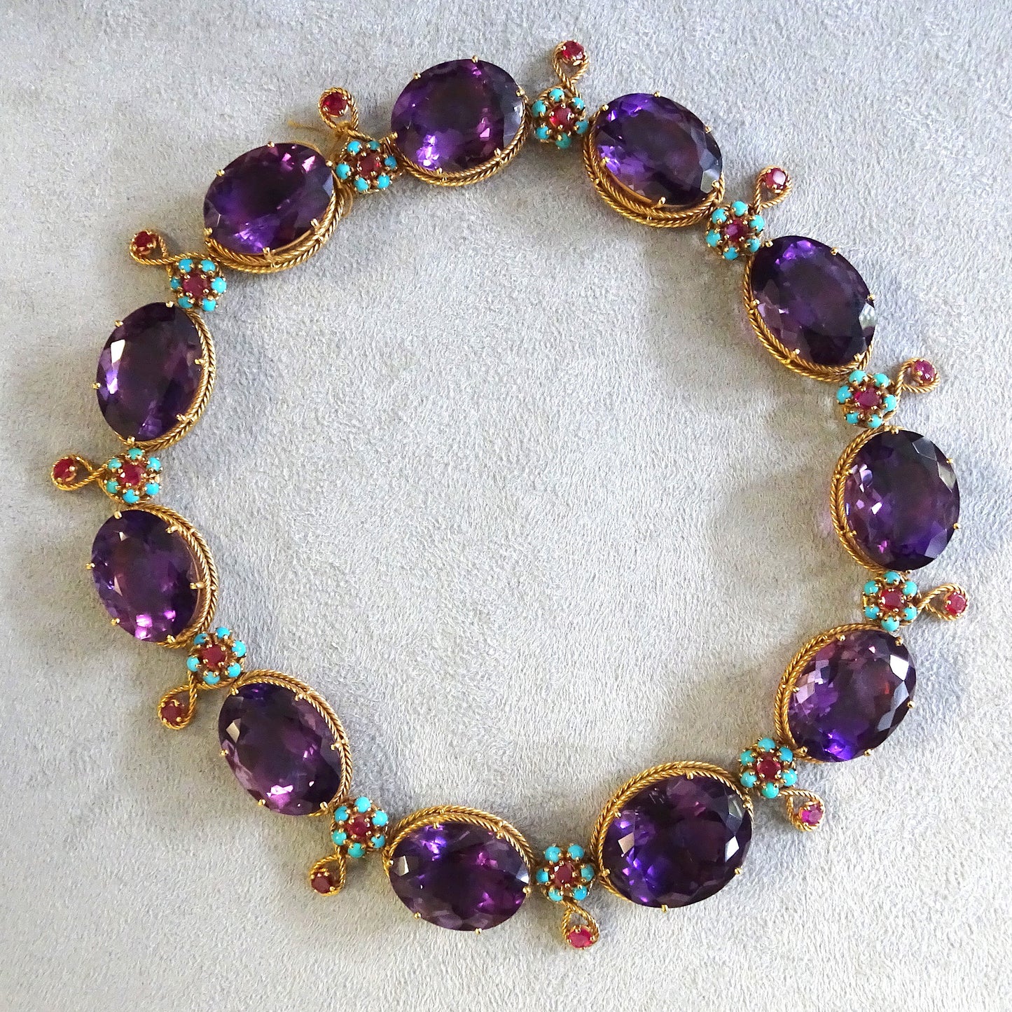 1960s 18KT Yellow Gold Amethyst, Ruby & Turquoise Necklace front