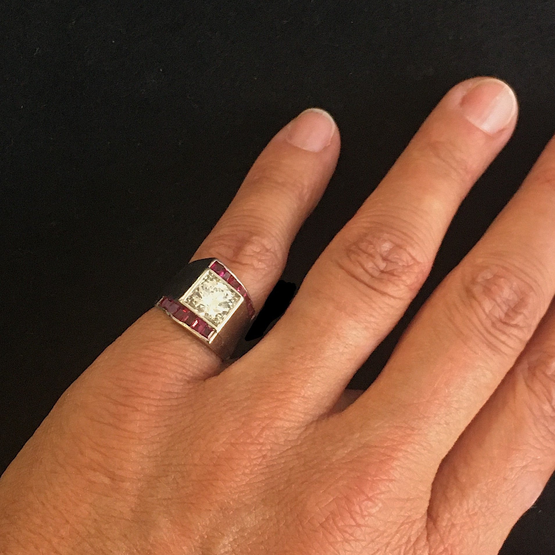 1930s Platinum Diamond & Ruby Ring worn on hand