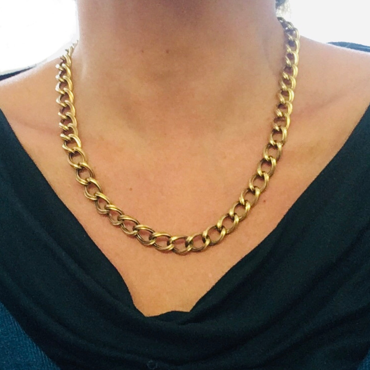 Antique 18KT Yellow Gold Chain Link Necklace worn on neck