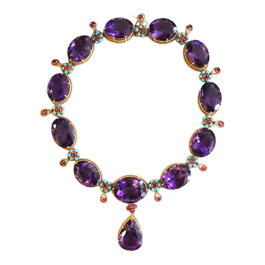 1960s 18KT Yellow Gold Amethyst, Ruby & Turquoise Necklace front