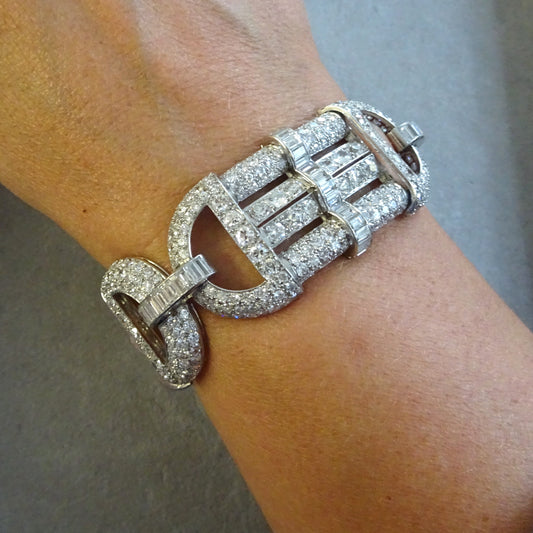 French Art Deco Platinum Diamond Bracelet worn on wrist