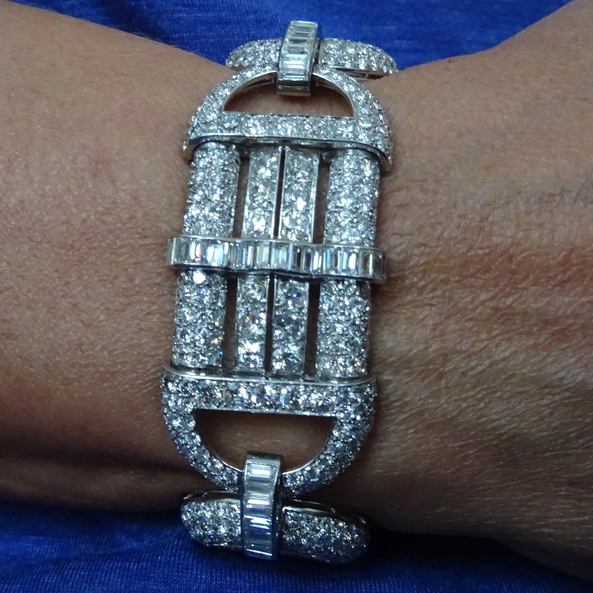 French Art Deco Platinum Diamond Bracelet worn on wrist