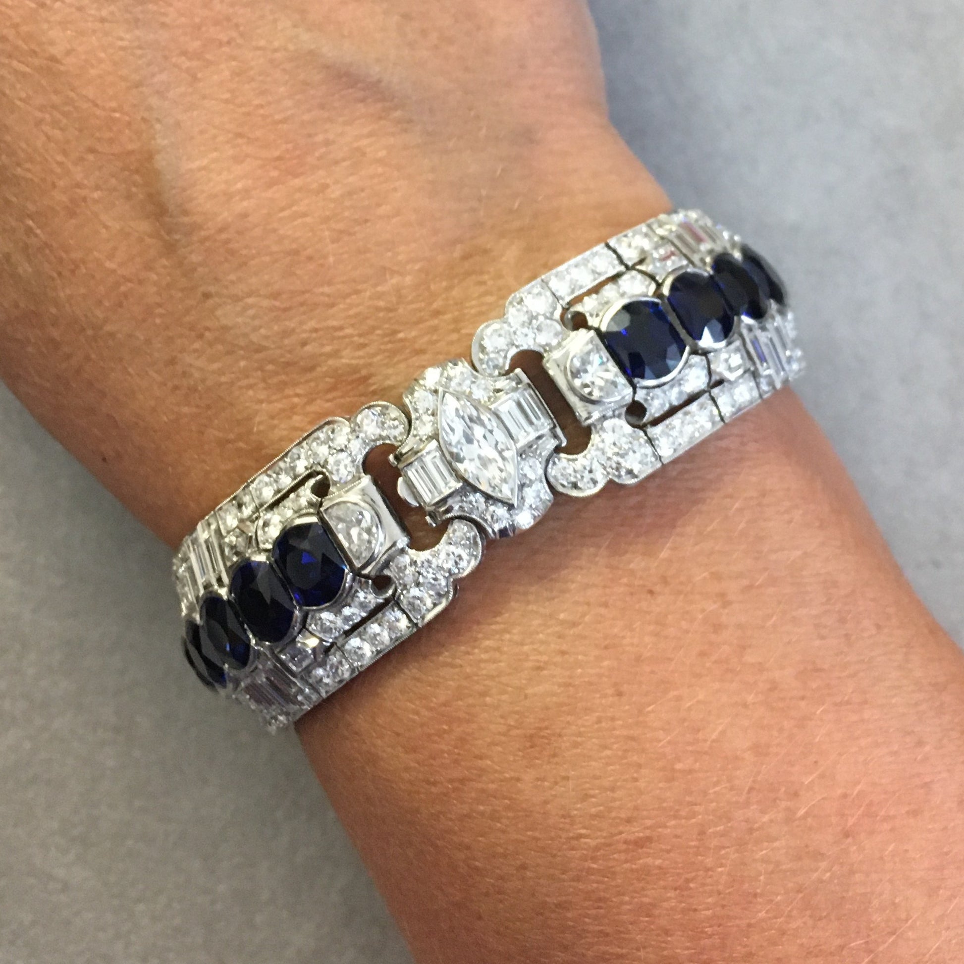 Art Deco Platinum Unheated Sapphire & Diamond Bracelet on wrist
