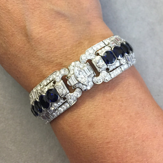 Art Deco Platinum Unheated Sapphire & Diamond Bracelet on wrist