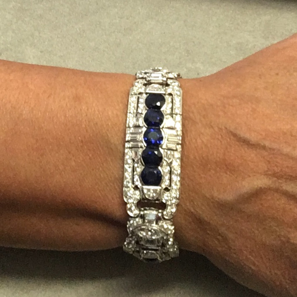 Art Deco Platinum Unheated Sapphire & Diamond Bracelet worn on wrist