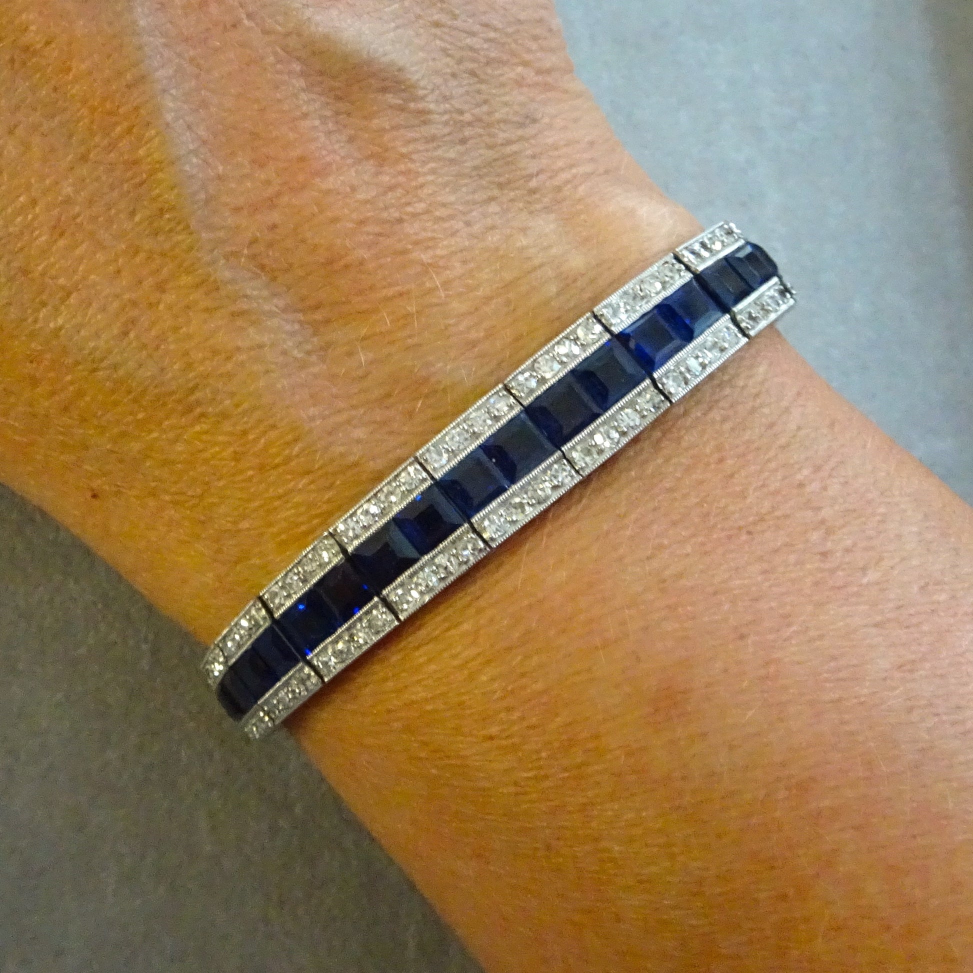 Edwardian Platinum Sapphire & Diamond Bracelet worn on wrist