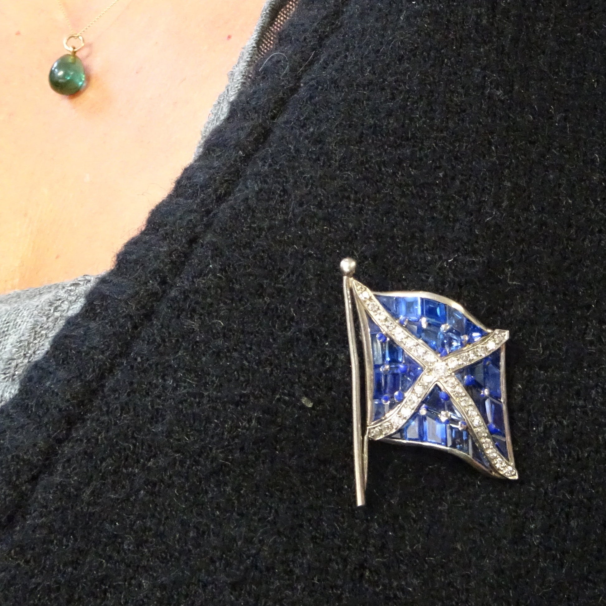 Art Deco Platinum Sapphire & Diamond Flag of Scotland Brooch worn on blouse