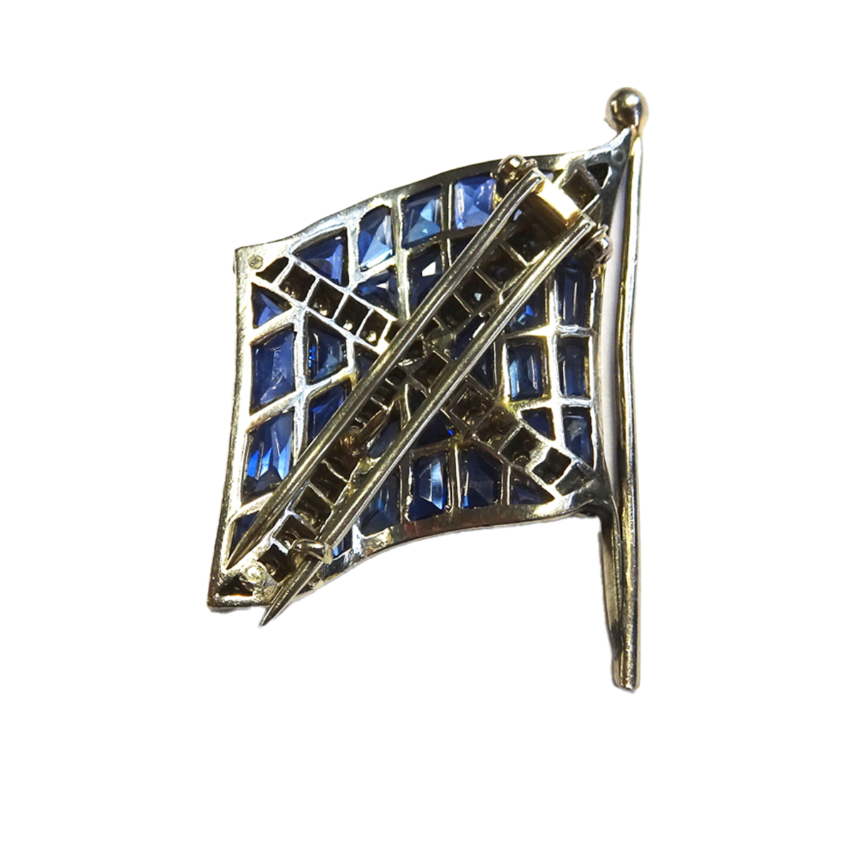 Art Deco Platinum Sapphire & Diamond Flag of Scotland Brooch back