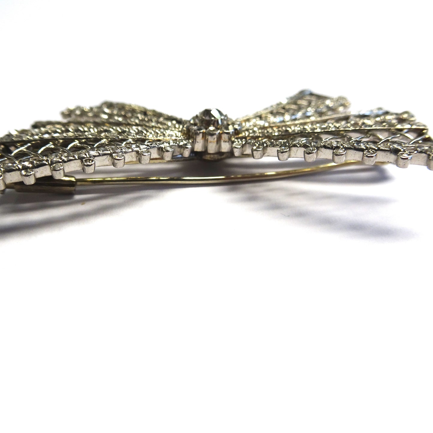 French 1950s Platinum Diamond Bow Brooch side