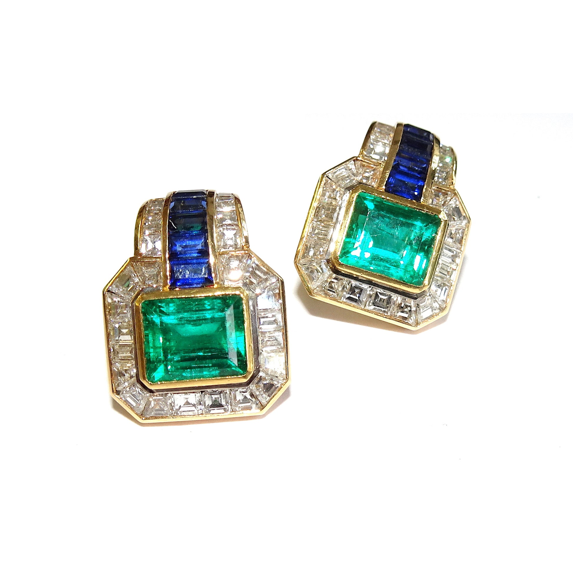 A. Hörner 1980s 18KT Yellow Gold Emerald, Diamond & Sapphire Earrings front