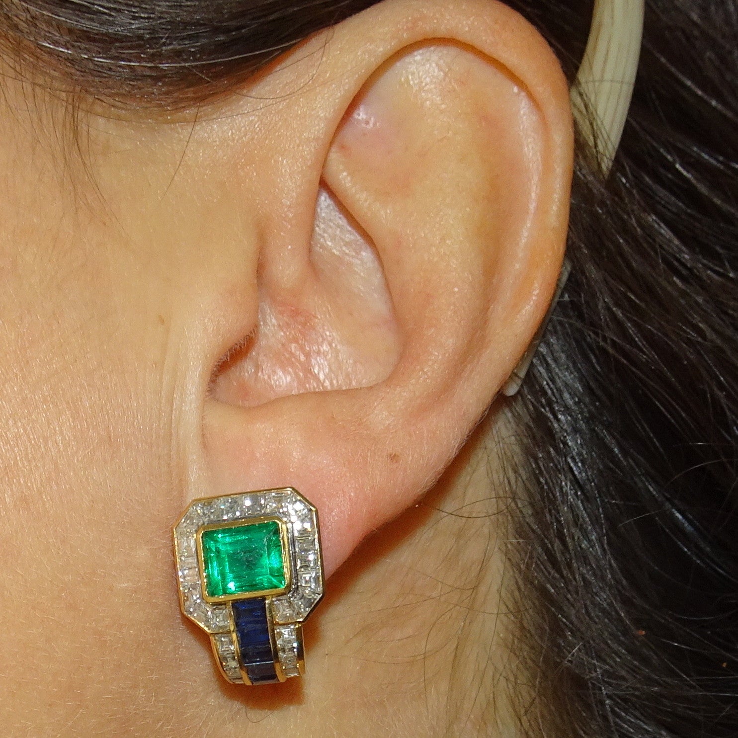 A. Hörner 1980s 18KT Yellow Gold Emerald, Diamond & Sapphire Earrings on ear