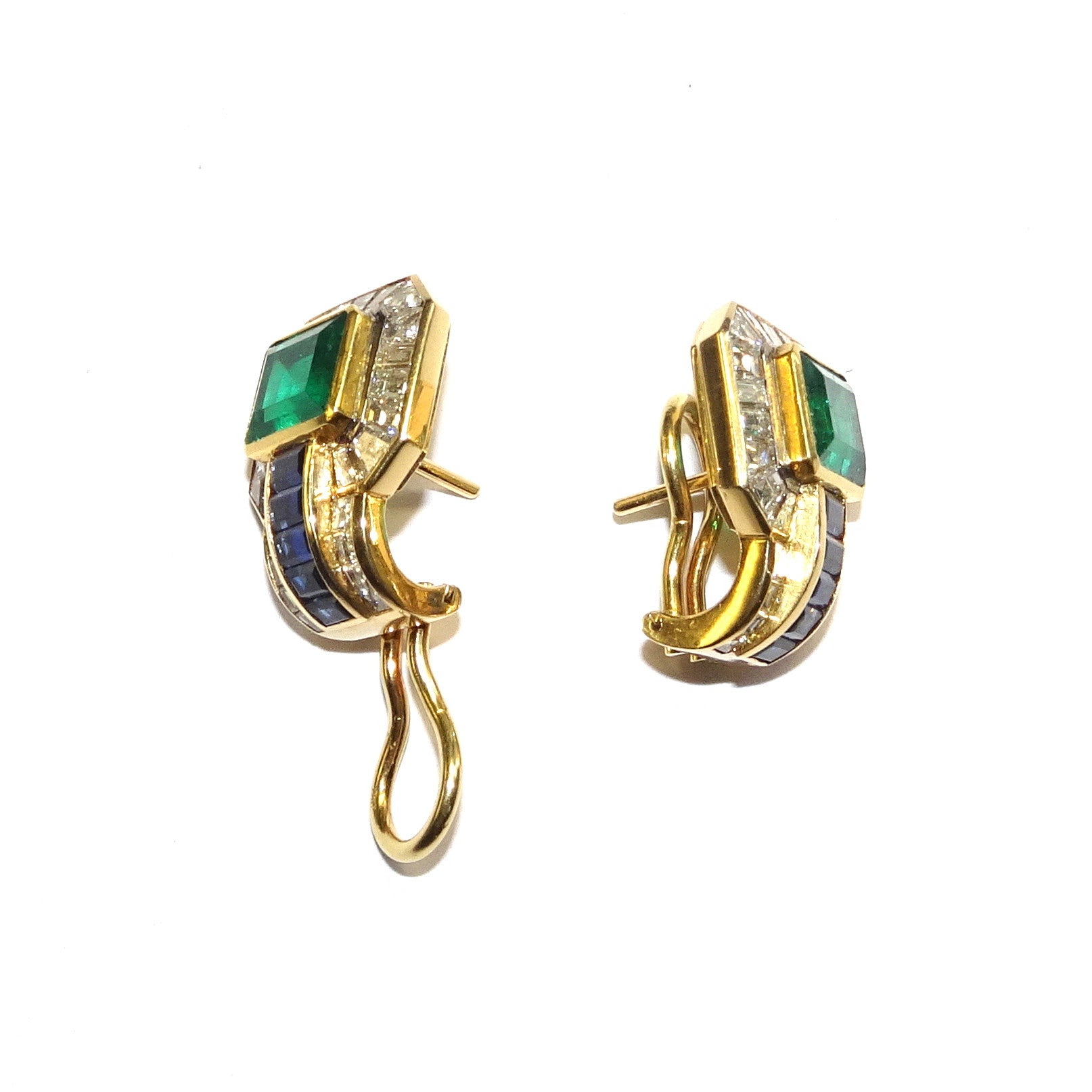 A. Hörner 1980s 18KT Yellow Gold Emerald, Diamond & Sapphire Earrings side