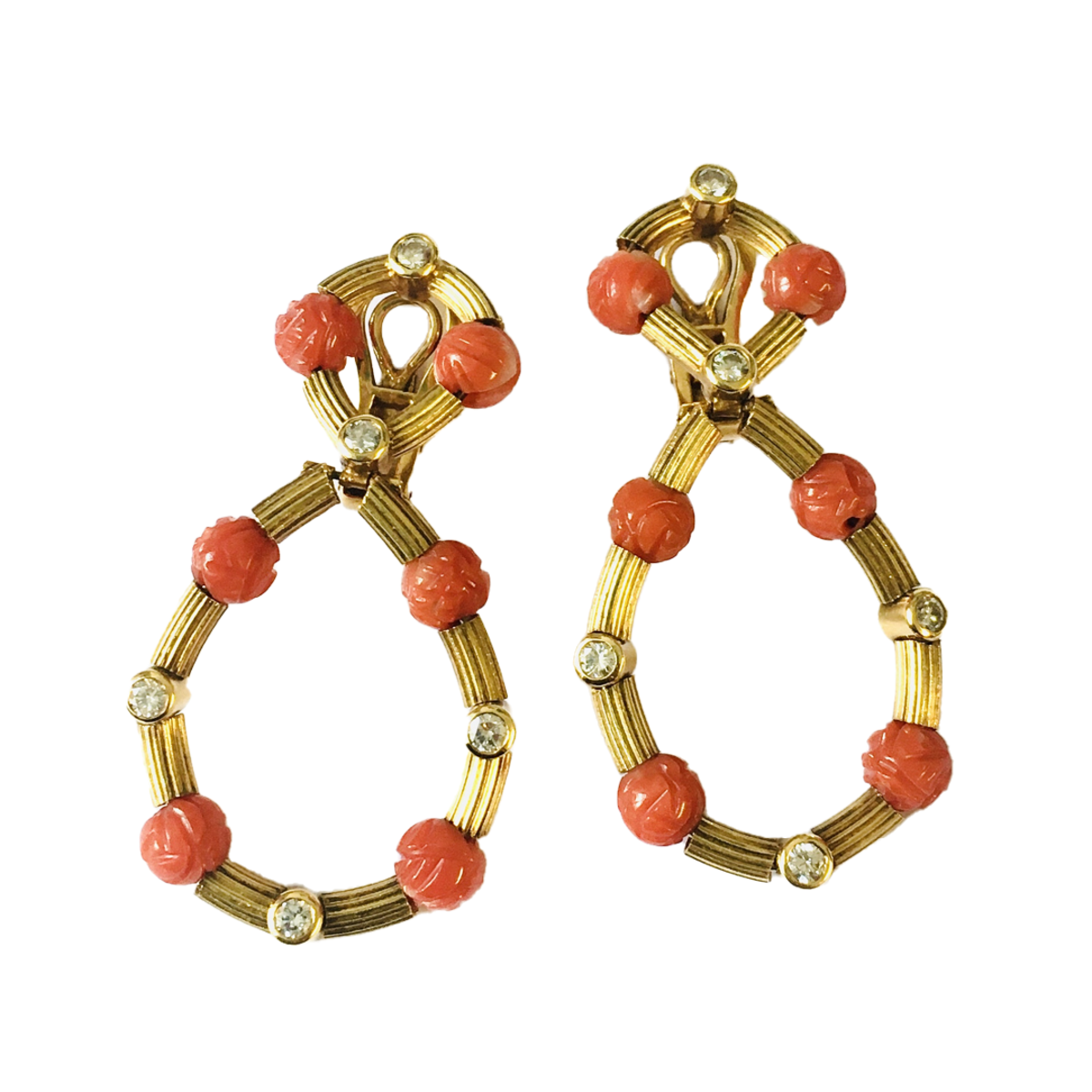1960s 18KT Yellow Gold Coral & Diamond Earrings front