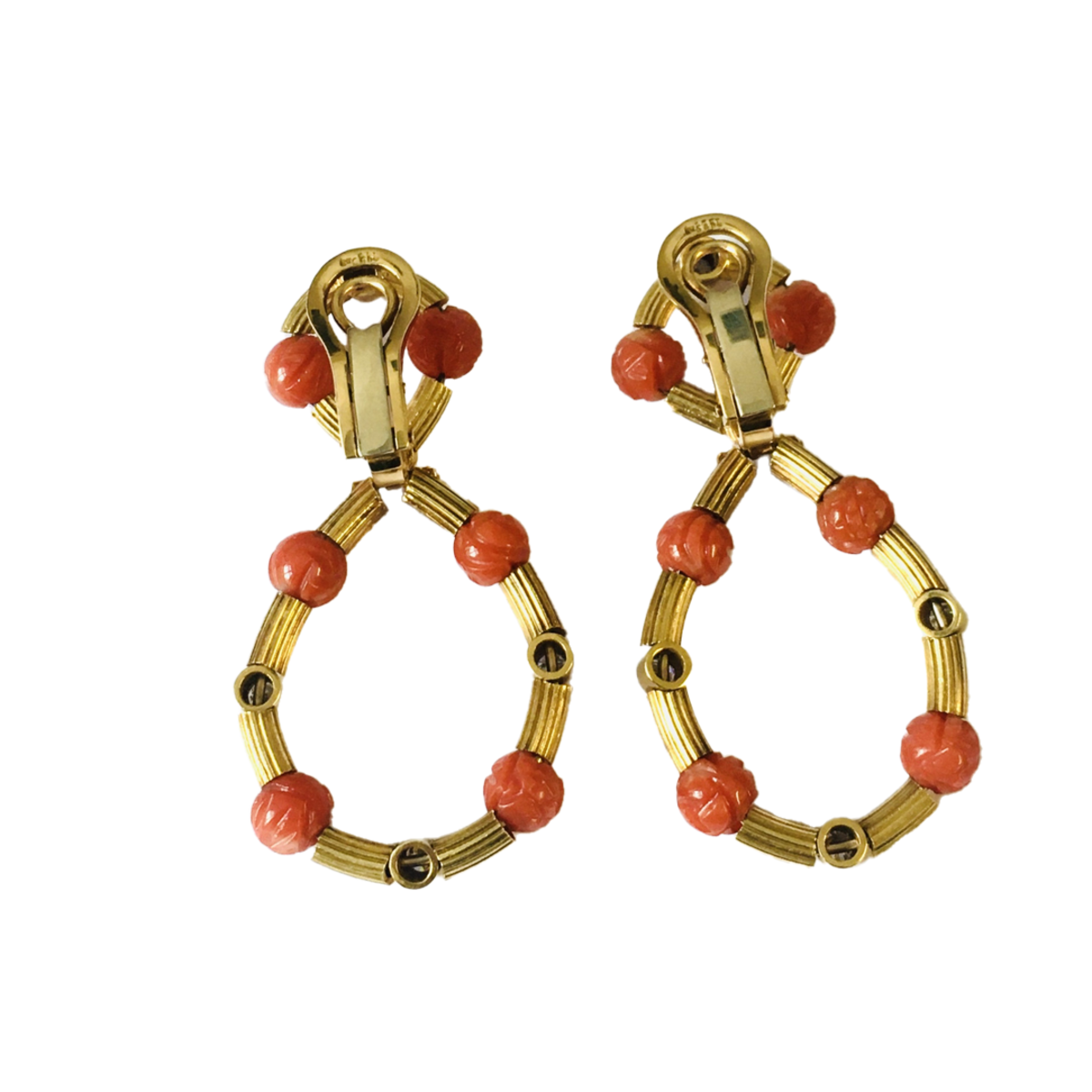 1960s 18KT Yellow Gold Coral & Diamond Earrings back