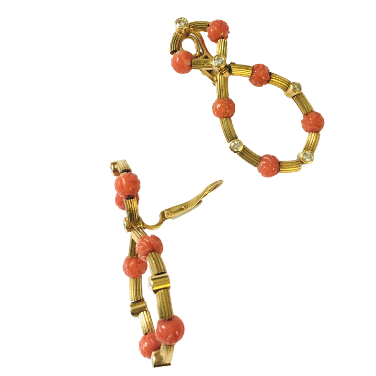 1960s 18KT Yellow Gold Coral & Diamond Earrings side
